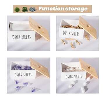 zoocatia Laundry Room Decor Dryer Sheet Container Wood Detergent Dispenser Holder Organization and Storage Box with Lid for Dryer Balls, Laundry Pods, White