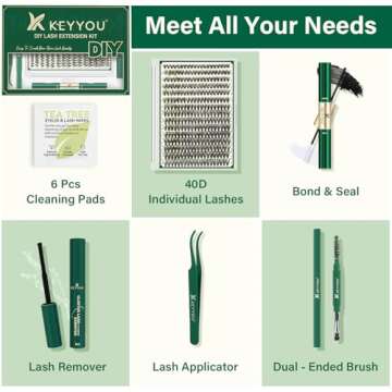 DIY Lash Extension Kit KEYYOU 300Pcs Individual Eyelash Extension Kit 40D 0.07D Curl 9-18MIX Lash Clusters Kit with Lash Glue Remover Applicator Easy to Use for Beginners(Kit-40D-0.07D,9-18MIX)