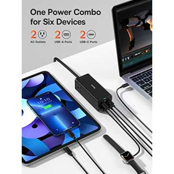 Baseus USB C Charger PowerCombo 65W - 6 in 1 Travel Power Strip USB C Desk Charging Station with 2AC...