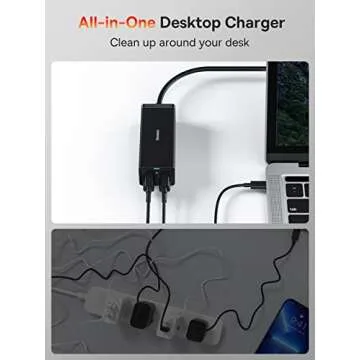 Baseus USB C Charger PowerCombo 65W - 6 in 1 Travel Power Strip USB C Desk Charging Station with 2AC Outlets, Fast Charging Extension Cord for Laptops iPhone Samsung iPad (100W Type C Cable Included)