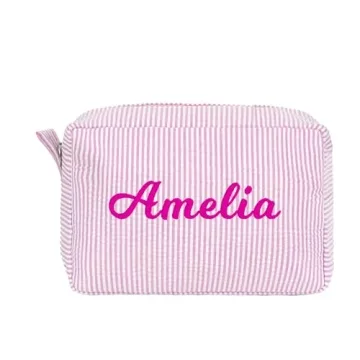 MT WORLD Personalized Seersucker Toiletry Bag Monogrammed Cosmetic Bag Cotton Seersucker Pouch Large...