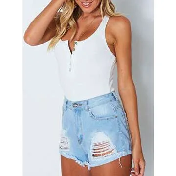 REORIA Women's Sexy Scoop Neck Racerback Tank Top Button Down Stretchy Leotard Bodysuits White Medium