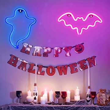 PhantasyStar Neon Lights for Bedroom, 2 Pack Halloween Bat, Ghost Shape LED Neon Decorative Light Ni...