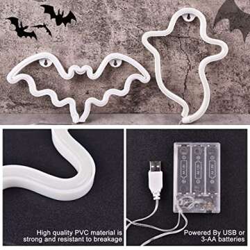 PhantasyStar Neon Lights for Bedroom, 2 Pack Halloween Bat, Ghost Shape LED Neon Decorative Light Night Lights, Indoor Neon Sign Decor for Home, Birthday, Party, Halloween, Christmas