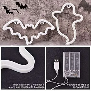 PhantasyStar Neon Lights for Bedroom, 2 Pack Halloween Bat, Ghost Shape LED Neon Decorative Light Night Lights, Indoor Neon Sign Decor for Home, Birthday, Party, Halloween, Christmas