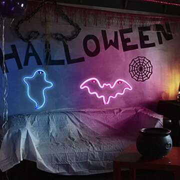 PhantasyStar Neon Lights for Bedroom, 2 Pack Halloween Bat, Ghost Shape LED Neon Decorative Light Night Lights, Indoor Neon Sign Decor for Home, Birthday, Party, Halloween, Christmas