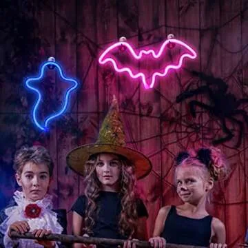 PhantasyStar Neon Lights for Bedroom, 2 Pack Halloween Bat, Ghost Shape LED Neon Decorative Light Night Lights, Indoor Neon Sign Decor for Home, Birthday, Party, Halloween, Christmas