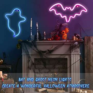 PhantasyStar Neon Lights for Bedroom, 2 Pack Halloween Bat, Ghost Shape LED Neon Decorative Light Night Lights, Indoor Neon Sign Decor for Home, Birthday, Party, Halloween, Christmas