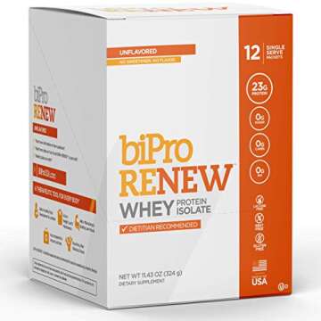 BiPro Renew to-Go 100% Whey Isolate Protein Powder, Unflavored, 12 Single-Serve Packets - Dietitian Recommended, Sugar Free, Suitable for Lactose Intolerance, Gluten Free, Hormone Free