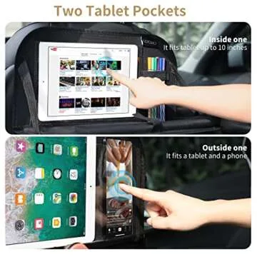 LUCMO Car Backseat Organizer with Tablet Holder,6 Storage Pockets Car Storage Organizer with Foldable Food Tray,Protectors Kick Mats Travel Accessories-Black