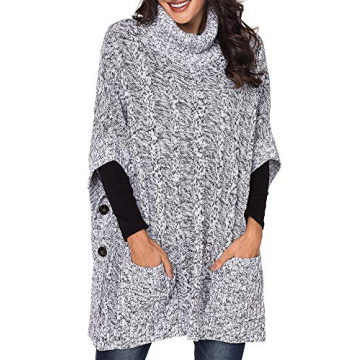 Yingkis Women's Cowl Neck Poncho Sweater with Pockets - Grey
