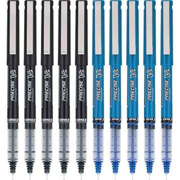 PILOT Precise V5 Rolling Ball Pen Extra Fine Point - 0.5mm - Bulk 10 Pack of 5 Black and 5 Blue Liqu...
