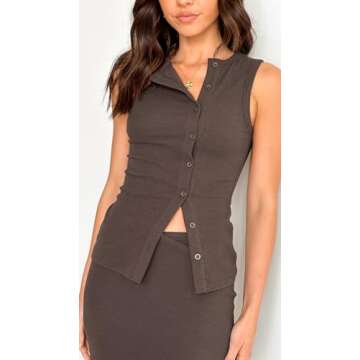 KMBANGI Women Button Down Vest Ribbed Summer Tank Tops Button Up Open Front Shirts Sleeveless Slim Fit Dressy Top(Asymmetrical Grey,S)