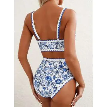 Herseas Women's Bikini Sets Floral Print Whip Stitch 2 Piece Modest Swimsuits High Waisted Scoop Pad...