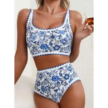Herseas Women's Bikini Sets Floral Print Whip Stitch 2 Piece Modest Swimsuits High Waisted Scoop Padded Blue Bathing Suits X-Large
