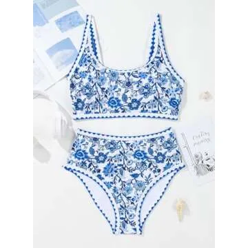 Herseas Women's Bikini Sets Floral Print Whip Stitch 2 Piece Modest Swimsuits High Waisted Scoop Padded Blue Bathing Suits X-Large