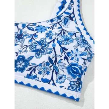 Herseas Women's Bikini Sets Floral Print Whip Stitch 2 Piece Modest Swimsuits High Waisted Scoop Padded Blue Bathing Suits X-Large