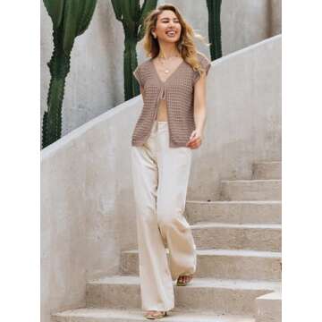 Saodimallsu Womens Tie Crochet Shrug Short Sleeve Open Front Lightweight Knit Cropped Cardigan Sweaters Cover Up Khaki