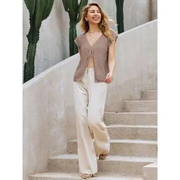 Saodimallsu Womens Tie Crochet Shrug Short Sleeve Open Front Lightweight Knit Cropped Cardigan Sweaters Cover Up Khaki