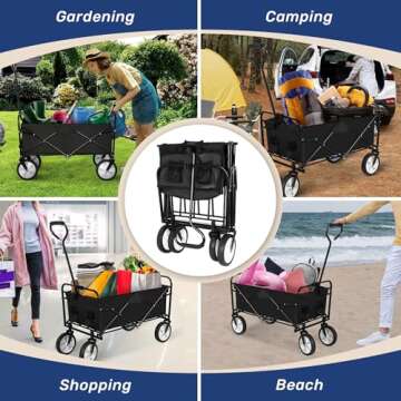 YSSOA Folding Garden Cart PRO, Collapsible Wagon with 360 Degree Swivel Wheels & Adjustable Handle, Black, 220lbs Weight Capacity