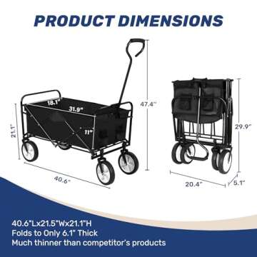 YSSOA Folding Garden Cart PRO, Collapsible Wagon with 360 Degree Swivel Wheels & Adjustable Handle, Black, 220lbs Weight Capacity