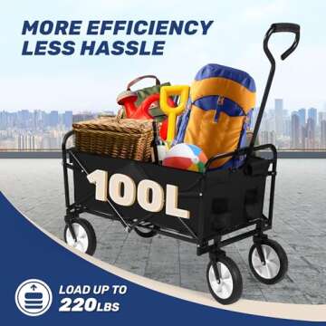 YSSOA Folding Garden Cart PRO, Collapsible Wagon with 360 Degree Swivel Wheels & Adjustable Handle, Black, 220lbs Weight Capacity