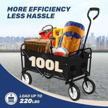 YSSOA Folding Garden Cart PRO, Collapsible Wagon with 360 Degree Swivel Wheels & Adjustable Handle, Black, 220lbs Weight Capacity