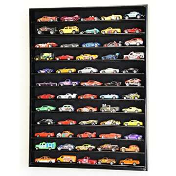 60 Hot Wheels Hotwheels Matchbox 1/64 Scale Diecast Model Cars Display Case - NO Door (Black Wood Fi...