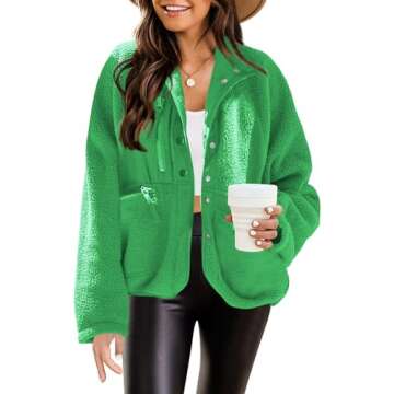 Nirovien Womens Fleece Jacket Fuzzy Jackets for Women Teddy Jacket with Pockets Cropped Jacket Fleece Pullover(Green01,M)
