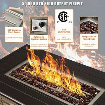 Vicluke 44 Inch Aluminum Propane Fire Pit Table w/Faux Ledgestone, Hand-Painted Table Top, 50,000 BT...