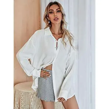 MakeMeChic Women's Oversized Button Down Shirt A-White XS