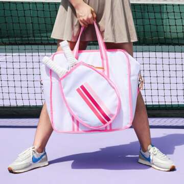 Premium Pickleball Bag, Pink Pickleball Paddle Shoulder Bag for Women, Large Pickleball Tote Bag with Zipper & Adjustable Shoulder Strap Holds Paddles Sports Equipment (Bag Without Paddles & Balls)