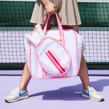 Premium Pickleball Bag, Pink Pickleball Paddle Shoulder Bag for Women, Large Pickleball Tote Bag with Zipper & Adjustable Shoulder Strap Holds Paddles Sports Equipment (Bag Without Paddles & Balls)