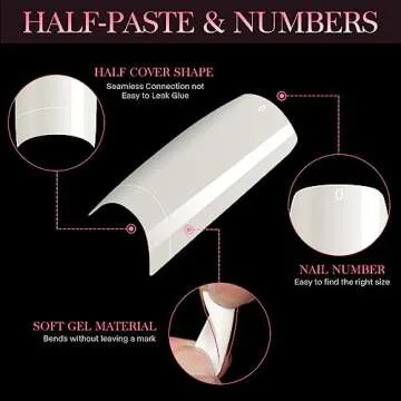 1000PCS Half Cover False Nails Tips, krofaue 10 Sizes Lady French Style Acrylic Artificial Tip Manicure with Box for Nail Tips Art Salons and Home DIY (Natural+Clear)
