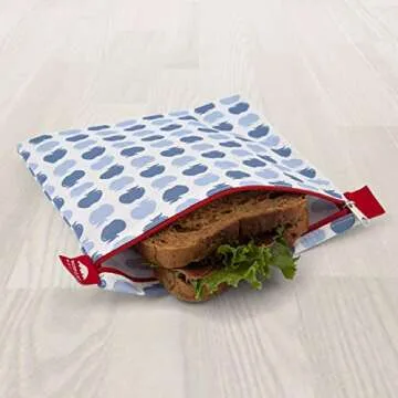 Nordic By Nature 4 Pack - Reusable Sandwich Bags Dishwasher Safe BPA Free - Durable Washable Quick Dry Cloth Baggies -Reusable Snack Bags For Kids School Lunches - Easy Open Zipper - (Apple Pattern)