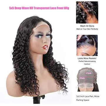 BLY 5x5 HD Transparent Lace Front Wigs Human Hair Deep Wave Lace Closure Wig 22 Inch 180% Density Pre Plucked Wigs for Women Natural Black Color Full & Thick