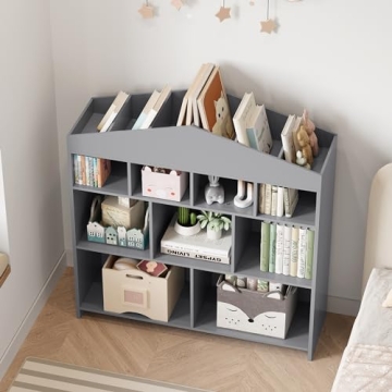 Stylish 9-Cubby Kids Bookshelf Greyscale Organizer