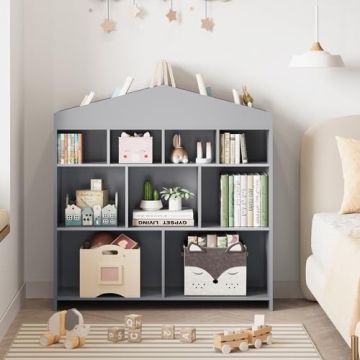 Stylish 9-Cubby Kids Bookshelf Greyscale Organizer