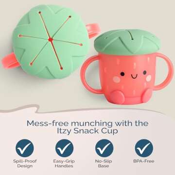 Itzy Ritzy Toddler Snack Cup - Spill-Proof Snack Cup for Toddlers with Soft Silicone Lid for Easy Food Access - Easy-To-Hold Kids Snack Container With Handles - Ideal for 12 months & Up (Strawberry)
