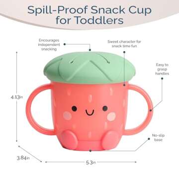 Itzy Ritzy Toddler Snack Cup - Spill-Proof Snack Cup for Toddlers with Soft Silicone Lid for Easy Food Access - Easy-To-Hold Kids Snack Container With Handles - Ideal for 12 months & Up (Strawberry)