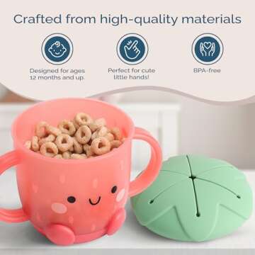 Itzy Ritzy Toddler Snack Cup - Spill-Proof Snack Cup for Toddlers with Soft Silicone Lid for Easy Food Access - Easy-To-Hold Kids Snack Container With Handles - Ideal for 12 months & Up (Strawberry)