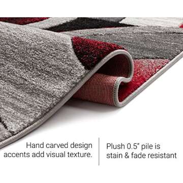 Well Woven Ruby Geometric 5x7 Area Rug Red & Grey Vibrant Modern Contemporary Hand Carved Sunburst Design Perfect for Living Room Dining Room or Bedroom Plush Easy-Care Easy-to-Clean Carpet