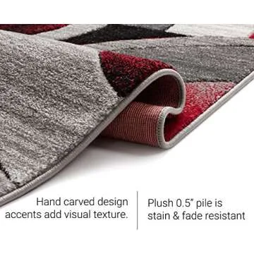 Well Woven Ruby Geometric 5x7 Area Rug Red & Grey Vibrant Modern Contemporary Hand Carved Sunburst Design Perfect for Living Room Dining Room or Bedroom Plush Easy-Care Easy-to-Clean Carpet