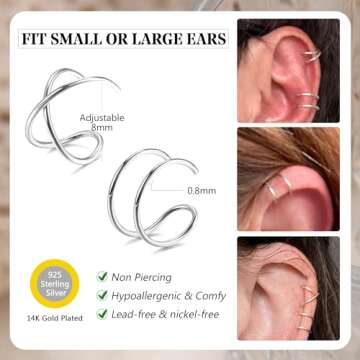 Milacolato 4Pcs 925 Sterling Silver Ear Cuff: Adjustable Non Piercing Minimalist Fake Helix Cartilag...