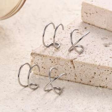 Milacolato 4Pcs 925 Sterling Silver Ear Cuff: Adjustable Non Piercing Minimalist Fake Helix Cartilage Earcuff, Dainty Clip-on Earrings Hypoallergenic with 14K Gold Plating for Women Man-Silver