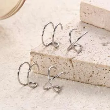 Milacolato 4Pcs 925 Sterling Silver Ear Cuff: Adjustable Non Piercing Minimalist Fake Helix Cartilage Earcuff, Dainty Clip-on Earrings Hypoallergenic with 14K Gold Plating for Women Man-Silver