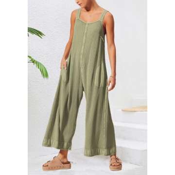 Ladyful Women's Summer Wide Leg Overalls Casual Loose Sleeveless Jumpsuits Waffle Backless Tank Romp...