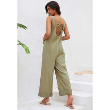 Ladyful Women's Summer Wide Leg Overalls Casual Loose Sleeveless Jumpsuits Waffle Backless Tank Romper
