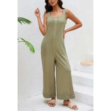 Ladyful Women's Summer Wide Leg Overalls Casual Loose Sleeveless Jumpsuits Waffle Backless Tank Romper
