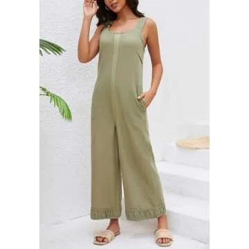 Ladyful Women's Summer Wide Leg Overalls Casual Loose Sleeveless Jumpsuits Waffle Backless Tank Romper